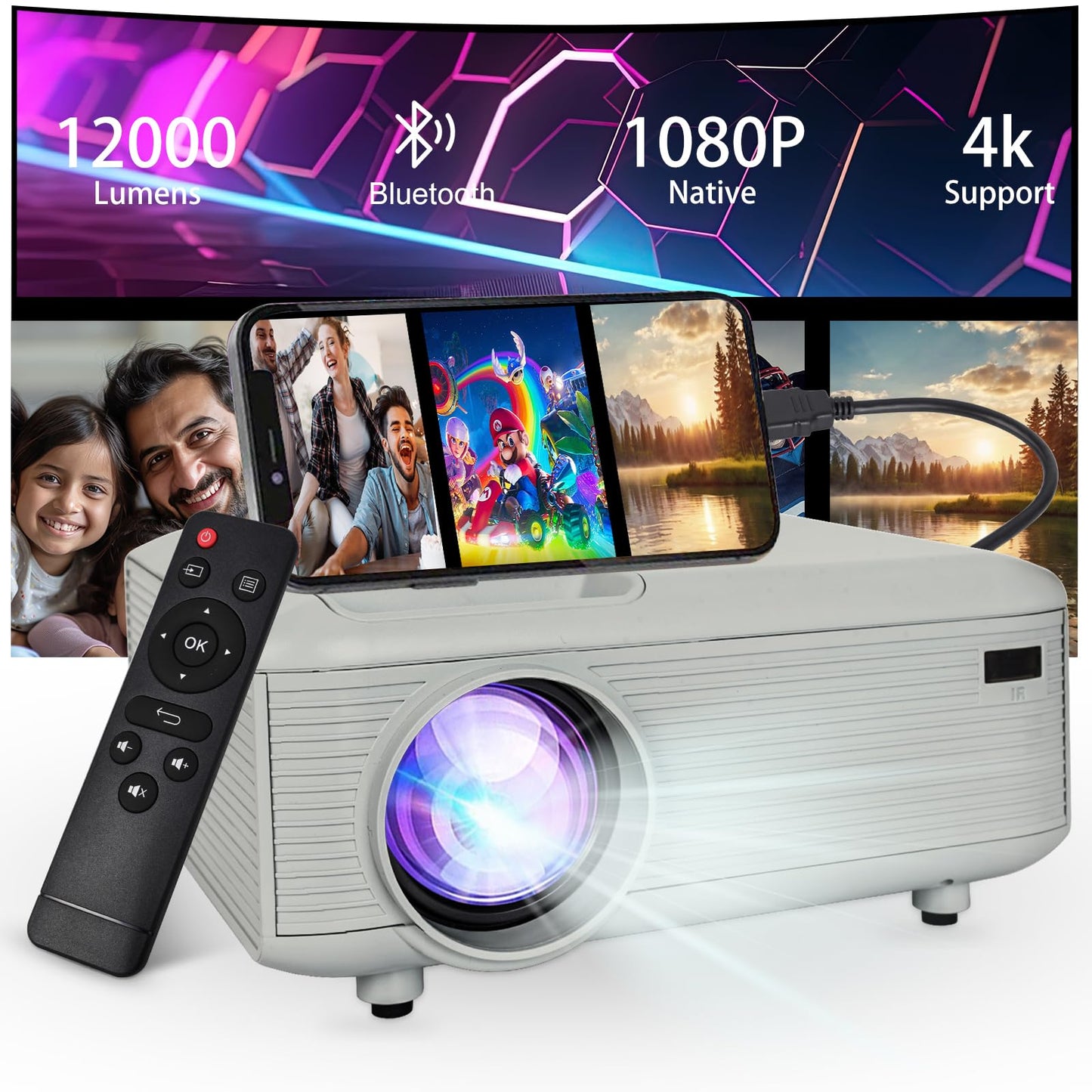 Mini bluetooth Projector(Phone HDMI Cable Included)Support 4K Native 1080P Portable Movie Projectors,outdoor small Projector,room wall Projector Compatible with Android/iOS/Windows/TV Stick/HDMI/USB - CookCave