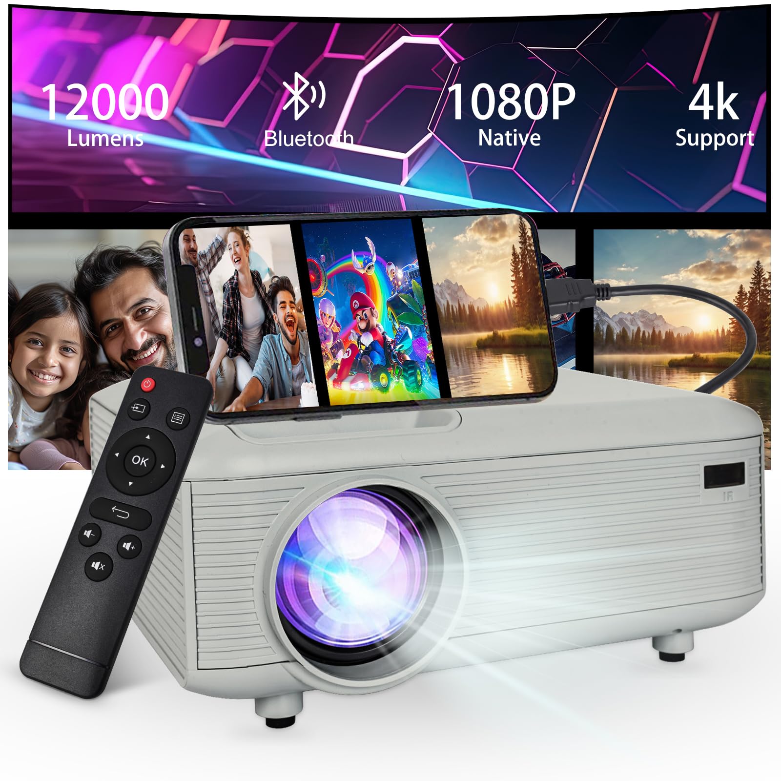 Mini bluetooth Projector(Phone HDMI Cable Included)Support 4K Native 1080P Portable Movie Projectors,outdoor small Projector,room wall Projector Compatible with Android/iOS/Windows/TV Stick/HDMI/USB - CookCave