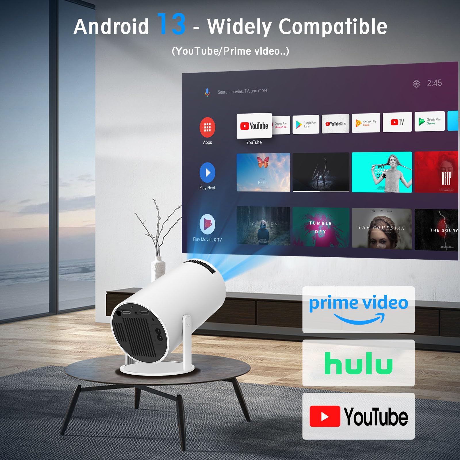 Mini Projector, HY300 PRO Portable Projector, Support 4K 1080P with Dual-Band WIFI6 5G Wireless 5.2 Bluetooth Android 11, 180° Rotatable, Auto Keystone Correction, 35"-130" Screen Video Projector - CookCave
