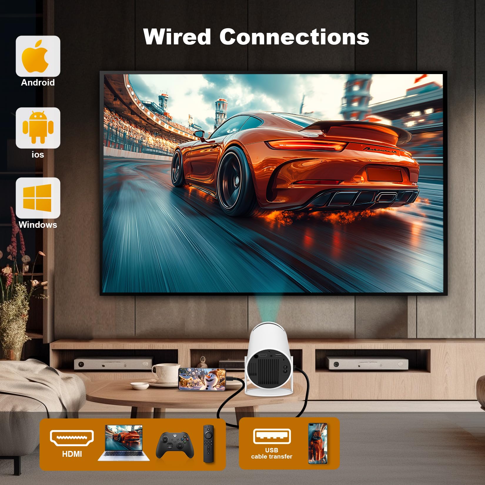 Mini Projector, HY300 PRO Portable Projector, Support 4K 1080P with Dual-Band WIFI6 5G Wireless 5.2 Bluetooth Android 11, 180° Rotatable, Auto Keystone Correction, 35"-130" Screen Video Projector - CookCave