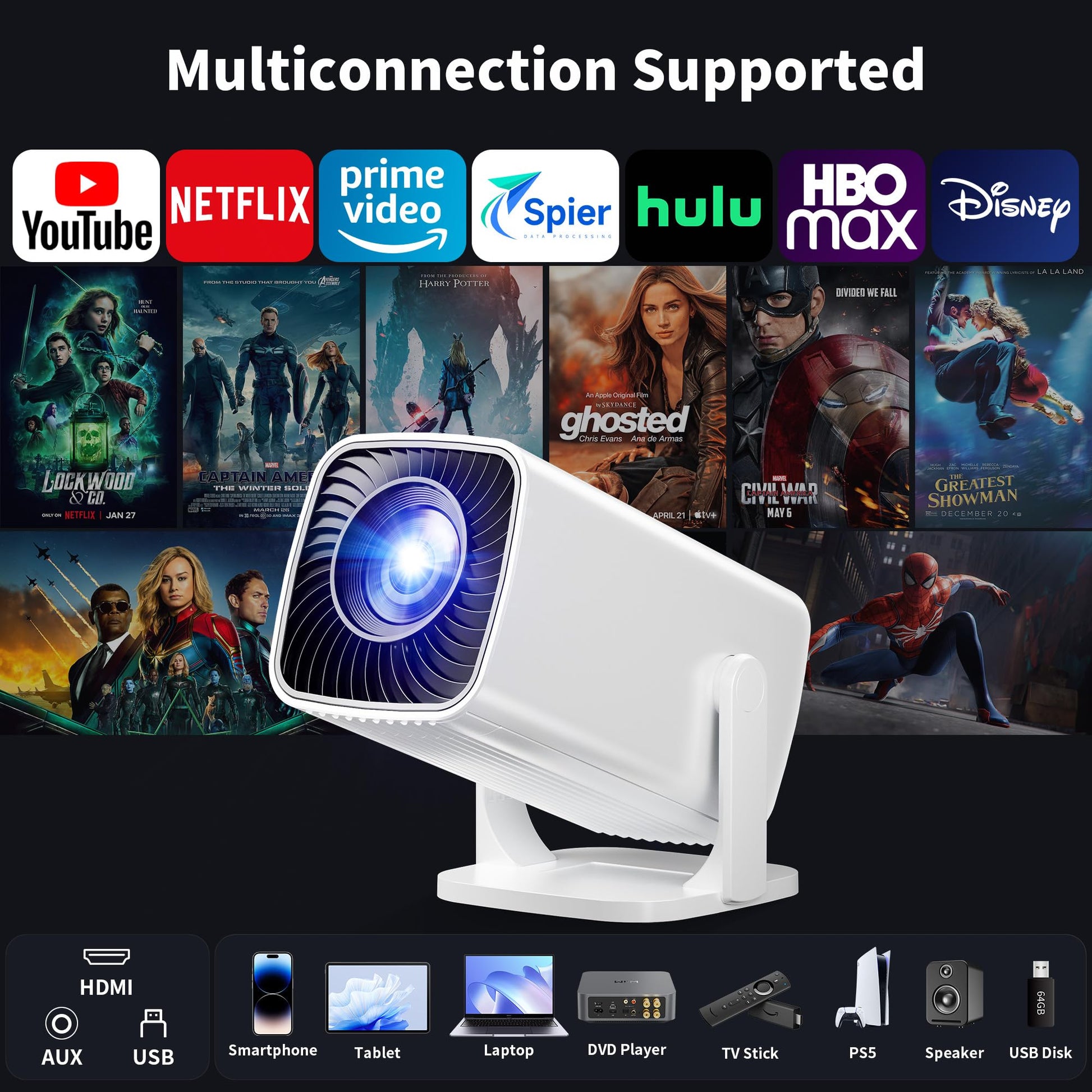 Mini Projector, Portable Projector 4K Support, Full HD 1080P Outdoor Projector, 270° Rotation Movie Projector, Max 200" Screen, Compatible with Smartphone, TV Stick, Laptop, PS4, HDMI, USB - CookCave