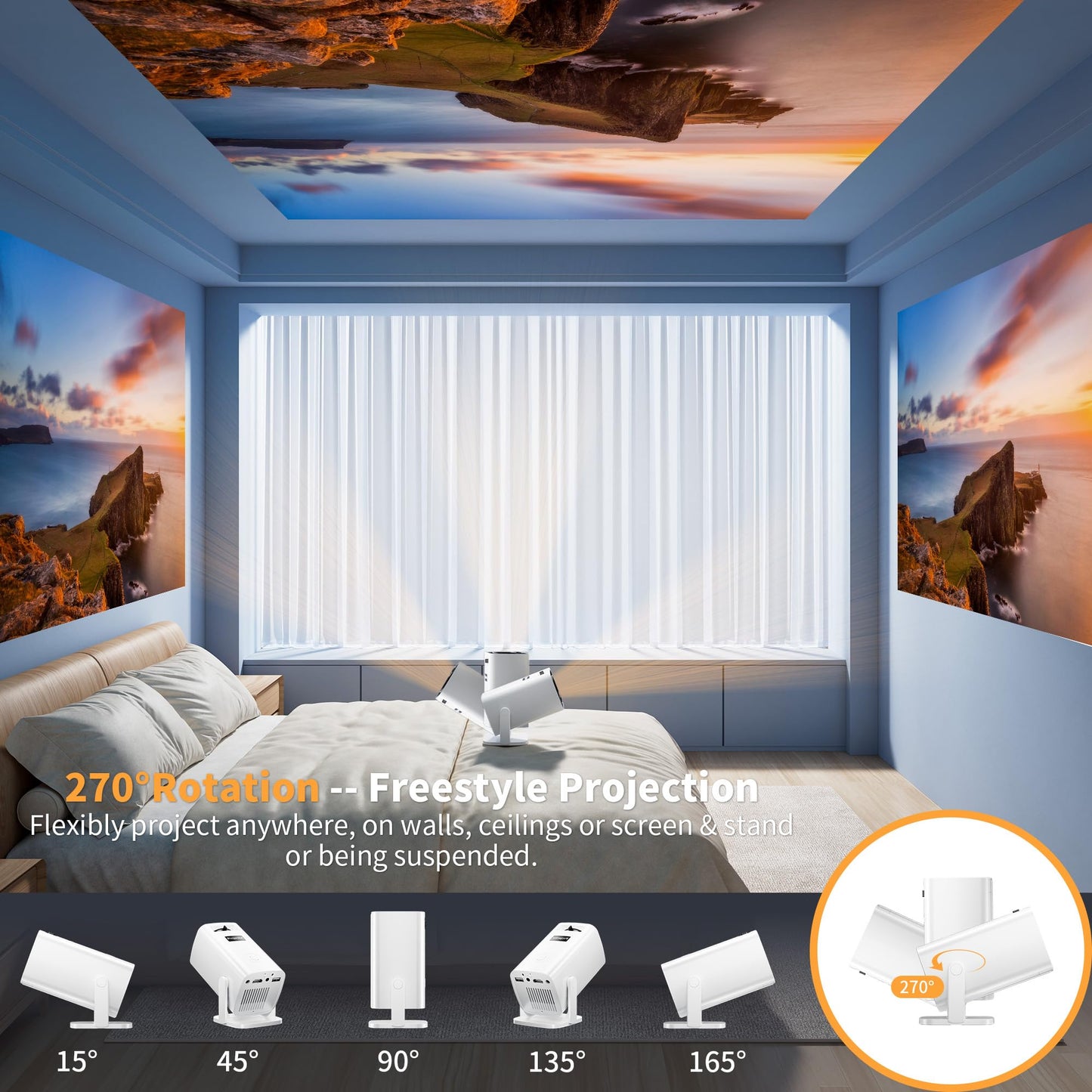 Mini Projector, Portable Projector 4K Support, Full HD 1080P Outdoor Projector, 270° Rotation Movie Projector, Max 200" Screen, Compatible with Smartphone, TV Stick, Laptop, PS4, HDMI, USB - CookCave