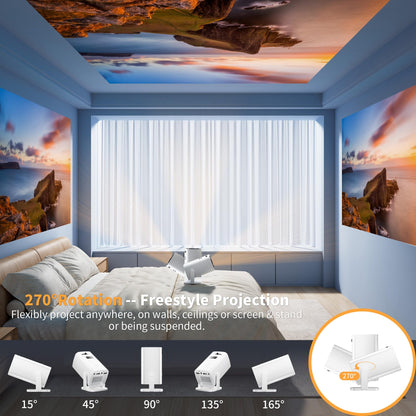 Mini Projector, Portable Projector 4K Support, Full HD 1080P Outdoor Projector, 270° Rotation Movie Projector, Max 200" Screen, Compatible with Smartphone, TV Stick, Laptop, PS4, HDMI, USB - CookCave