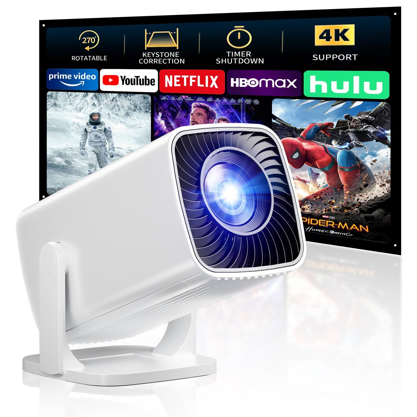 Mini Projector, Portable Projector 4K Support, Full HD 1080P Outdoor Projector, 270° Rotation Movie Projector, Max 200" Screen, Compatible with Smartphone, TV Stick, Laptop, PS4, HDMI, USB - CookCave