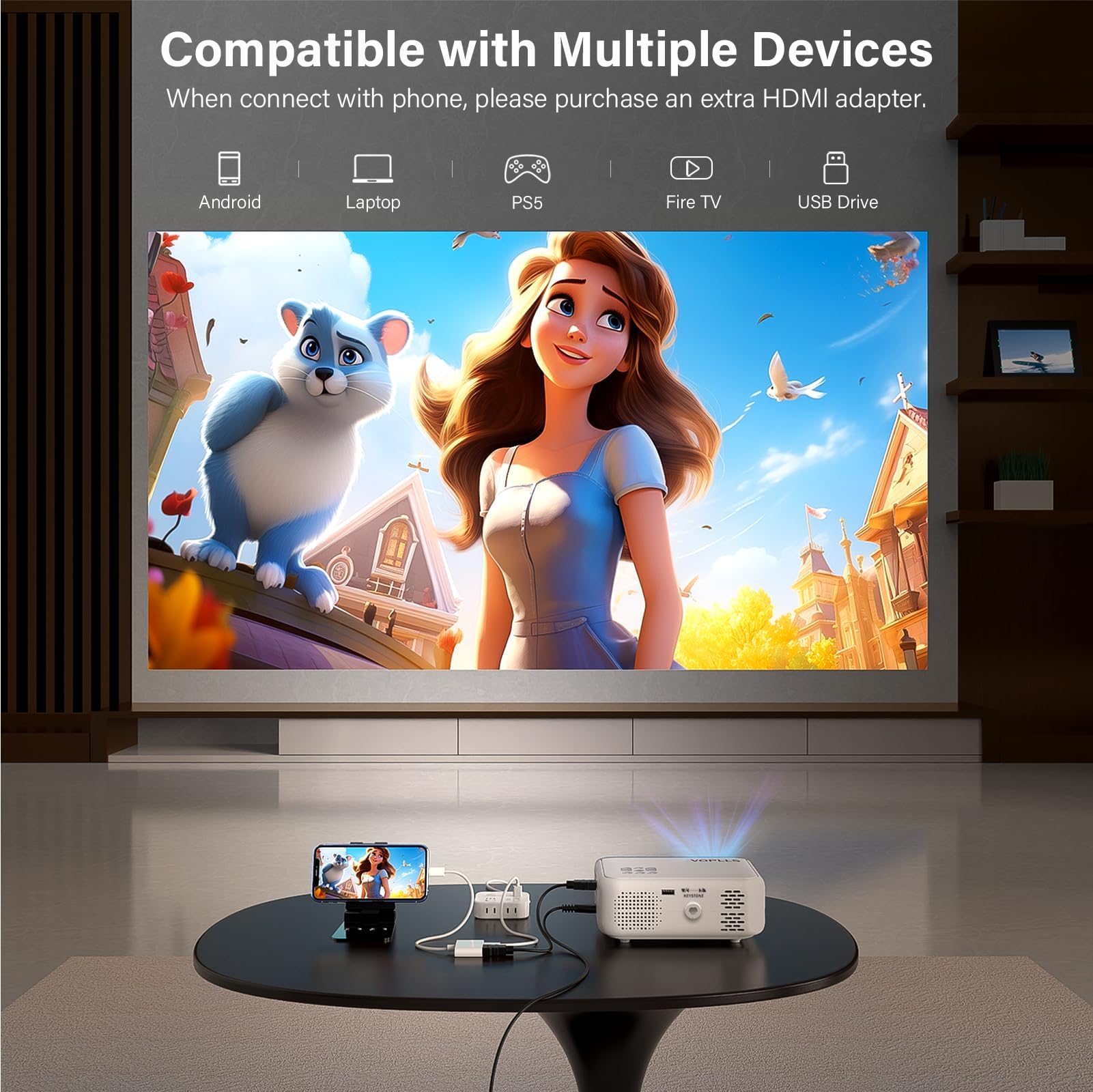Mini Projector, VOPLLS 1080P Full HD Supported Video Projector, Portable Outdoor Home Theater Movie Projector, 50% Zoom, Compatible with HDMI, USB, AV, Smartphone/Tablet/Laptop (Small Projector) - CookCave