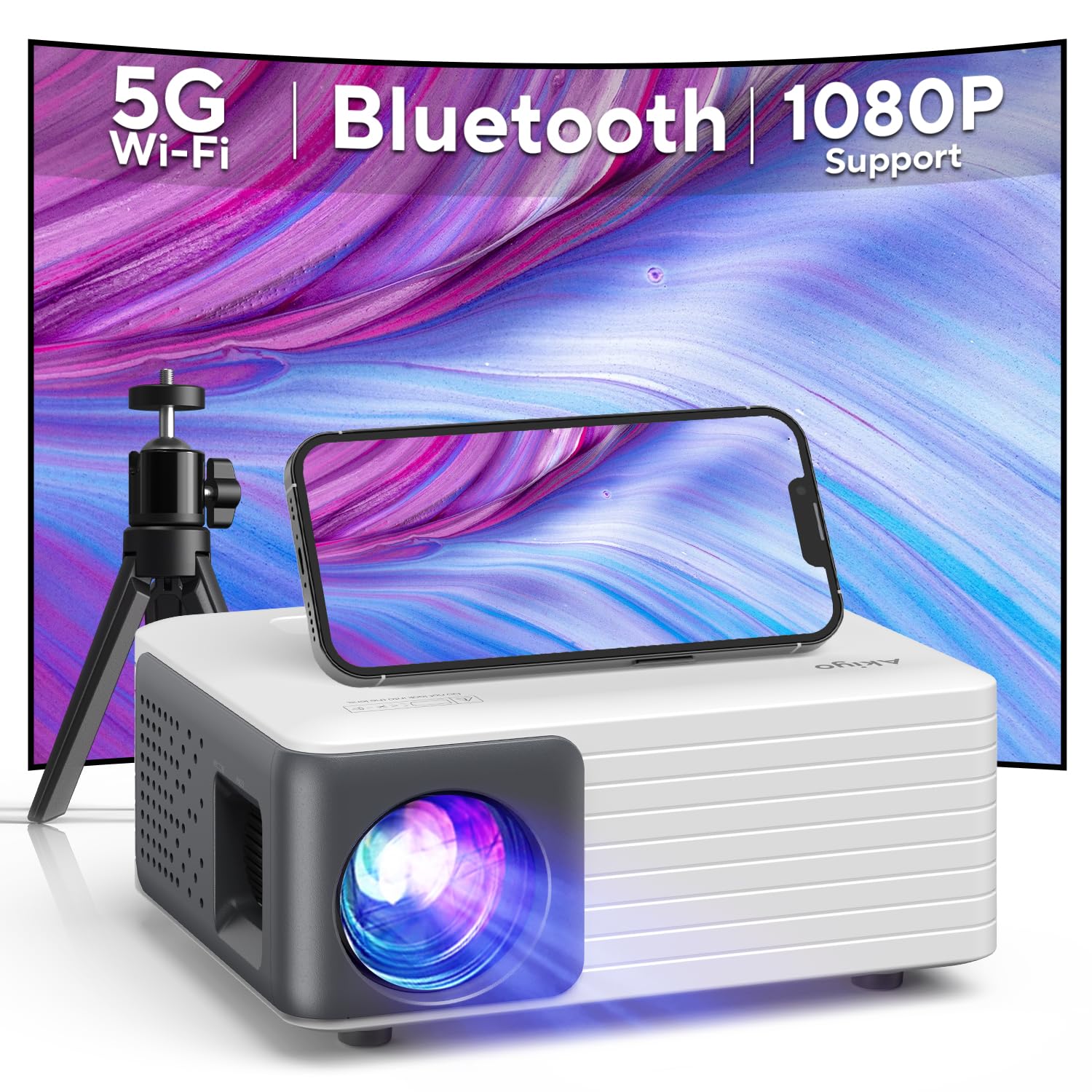 Mini Projector with WiFi and Bluetooth, AKIYO 1080P Supported Projector with Projector Stand, Portable Movie Projector for Home Theater/Outdoor, Compatible with iOS/Android/Laptop/TV Stick/HDMI/PS5 - CookCave