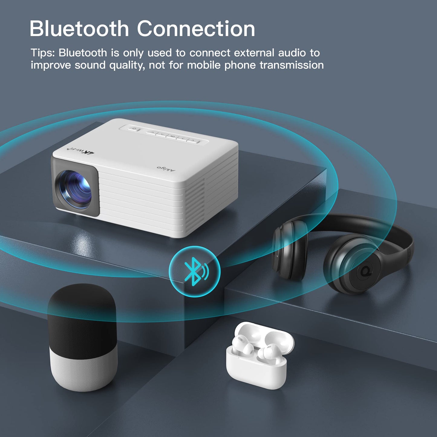 Mini Projector with WiFi and Bluetooth, AKIYO 1080P Supported Projector with Projector Stand, Portable Movie Projector for Home Theater/Outdoor, Compatible with iOS/Android/Laptop/TV Stick/HDMI/PS5 - CookCave