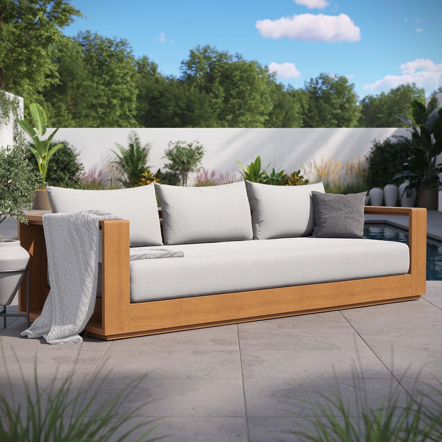 Modway Tahoe Acacia Wood Outdoor Patio Sofa in Natural Light Gray with Weather-Resistant Cushions - Ideal as a Porch Couch or Sunroom Sofa - CookCave