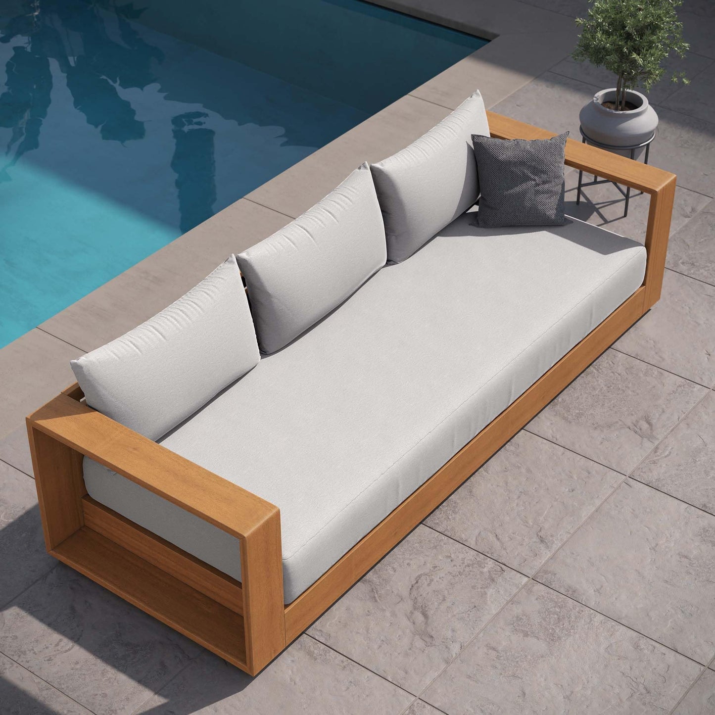 Modway Tahoe Acacia Wood Outdoor Patio Sofa in Natural Light Gray with Weather-Resistant Cushions - Ideal as a Porch Couch or Sunroom Sofa - CookCave