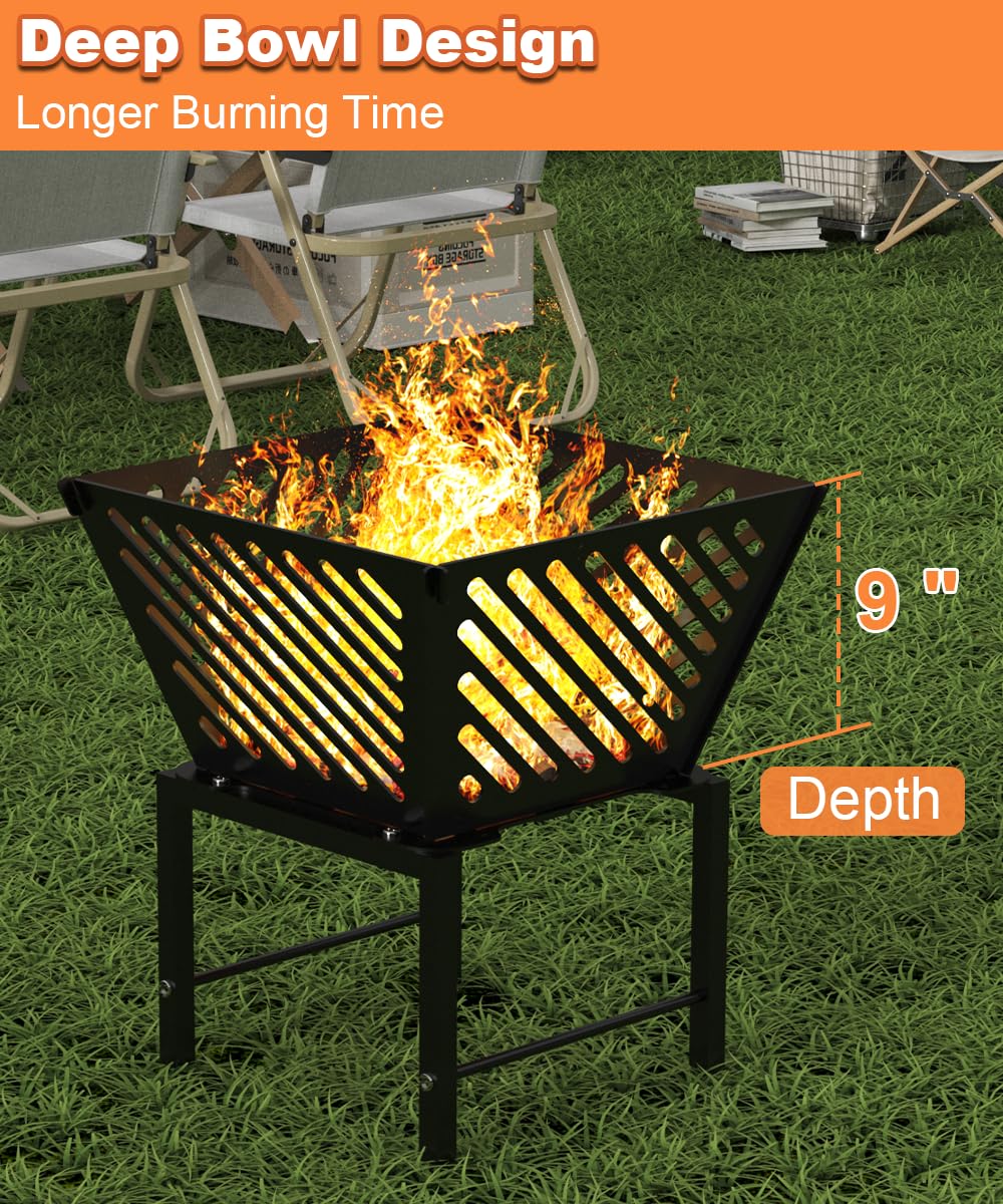 Mondazie 17 Inch Outdoor Fire Pit for Camping, Heavy Duty Portable Wood Burning Firepits Stove with Storage Bag for Outside Patio, Heating, Picnic, Campfire and BBQ, Trapezoid Diagonal Hollow, Black - CookCave