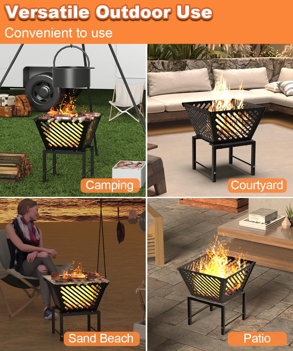 Mondazie 17 Inch Outdoor Fire Pit for Camping, Heavy Duty Portable Wood Burning Firepits Stove with Storage Bag for Outside Patio, Heating, Picnic, Campfire and BBQ, Trapezoid Diagonal Hollow, Black - CookCave