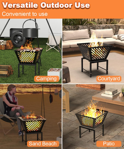 Mondazie 17 Inch Outdoor Fire Pit for Camping, Heavy Duty Portable Wood Burning Firepits Stove with Storage Bag for Outside Patio, Heating, Picnic, Campfire and BBQ, Trapezoid Diagonal Hollow, Black - CookCave