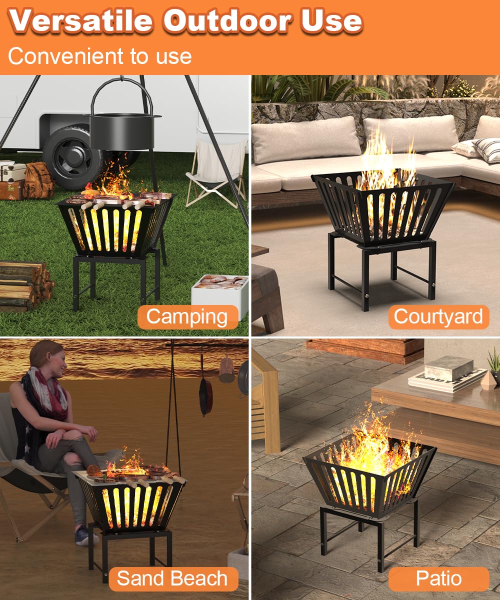 Mondazie 17 Inch Outdoor Fire Pit for Camping, Heavy Duty Portable Wood Burning Firepits Stove with Storage Bag for Outside Patio, Heating, Picnic, Campfire and BBQ, Trapezoid Vertical Hollow, Black - CookCave