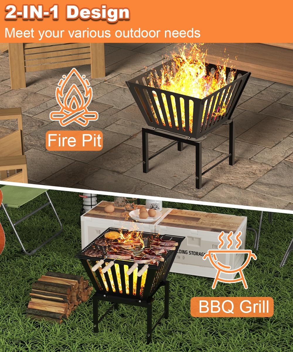 Mondazie 17 Inch Outdoor Fire Pit for Camping, Heavy Duty Portable Wood Burning Firepits Stove with Storage Bag for Outside Patio, Heating, Picnic, Campfire and BBQ, Trapezoid Vertical Hollow, Black - CookCave