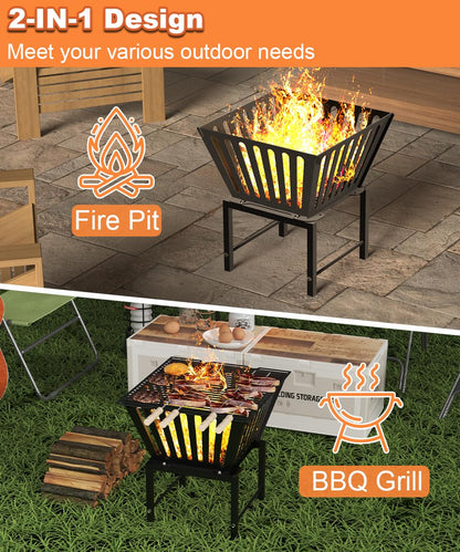 Mondazie 17 Inch Outdoor Fire Pit for Camping, Heavy Duty Portable Wood Burning Firepits Stove with Storage Bag for Outside Patio, Heating, Picnic, Campfire and BBQ, Trapezoid Vertical Hollow, Black - CookCave