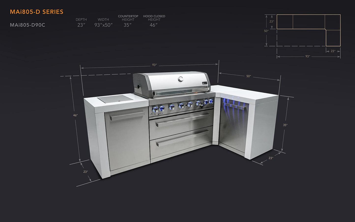 Mont Alpi 805 6-Burner 115000 BTU MAi805-D90 L-shaped Stainless Steel Deluxe Modular Outdoor Kitchen BBQ Island Grill, Infrared Rear & Side Burner, Granite Countertops, Storage, Rotisserie Kit & Cover - CookCave