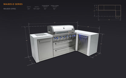 Mont Alpi 805 6-Burner 115000 BTU MAi805-D90 L-shaped Stainless Steel Deluxe Modular Outdoor Kitchen BBQ Island Grill, Infrared Rear & Side Burner, Granite Countertops, Storage, Rotisserie Kit & Cover - CookCave