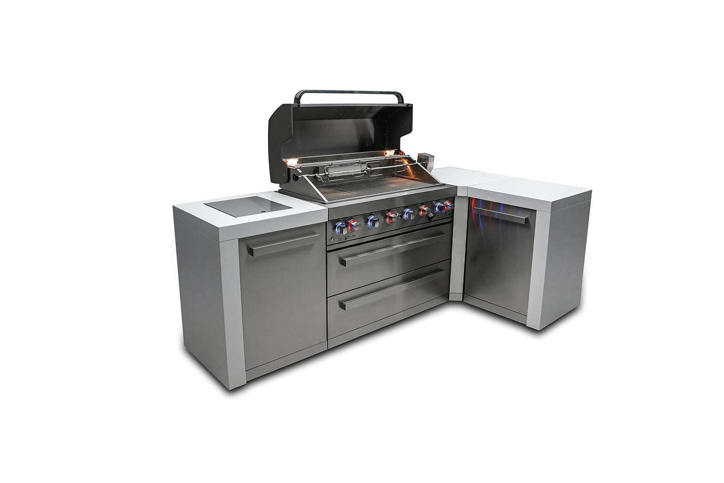 Mont Alpi 805 6-Burner 115000 BTU MAi805-D90 L-shaped Stainless Steel Deluxe Modular Outdoor Kitchen BBQ Island Grill, Infrared Rear & Side Burner, Granite Countertops, Storage, Rotisserie Kit & Cover - CookCave