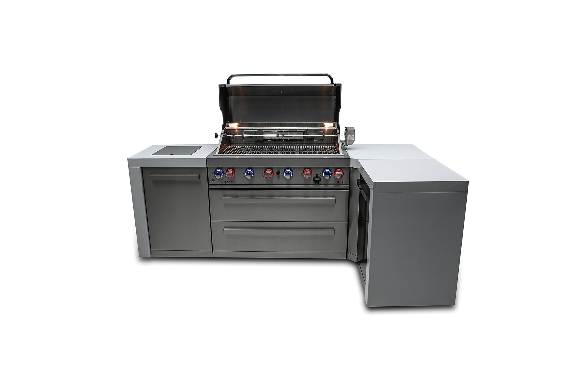 Mont Alpi 805 6-Burner 115000 BTU MAi805-D90 L-shaped Stainless Steel Deluxe Modular Outdoor Kitchen BBQ Island Grill, Infrared Rear & Side Burner, Granite Countertops, Storage, Rotisserie Kit & Cover - CookCave