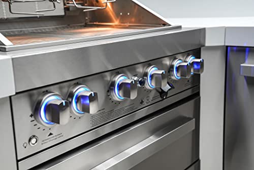 Mont Alpi 805 6-Burner 115000 BTU MAi805-D90 L-shaped Stainless Steel Deluxe Modular Outdoor Kitchen BBQ Island Grill, Infrared Rear & Side Burner, Granite Countertops, Storage, Rotisserie Kit & Cover - CookCave