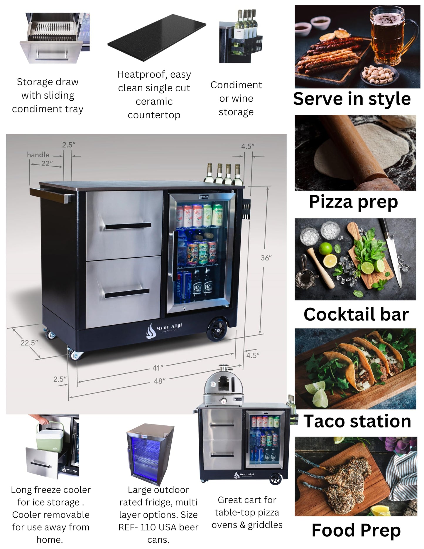 Mont Alpi Large Prep Cart Outdoor Bar Patio Kitchen Island Table Mobile Trolley Barbecue Grill Bar Prep Cart Stand with Ceramic Counter + Wine Holder with Stainless Steel Cabinets + Outdoor Fridge - CookCave