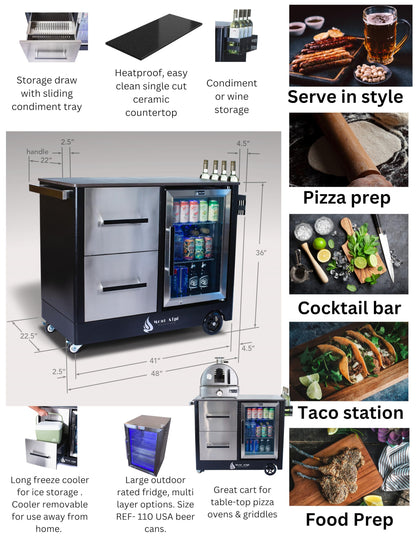 Mont Alpi Large Prep Cart Outdoor Bar Patio Kitchen Island Table Mobile Trolley Barbecue Grill Bar Prep Cart Stand with Ceramic Counter + Wine Holder with Stainless Steel Cabinets + Outdoor Fridge - CookCave