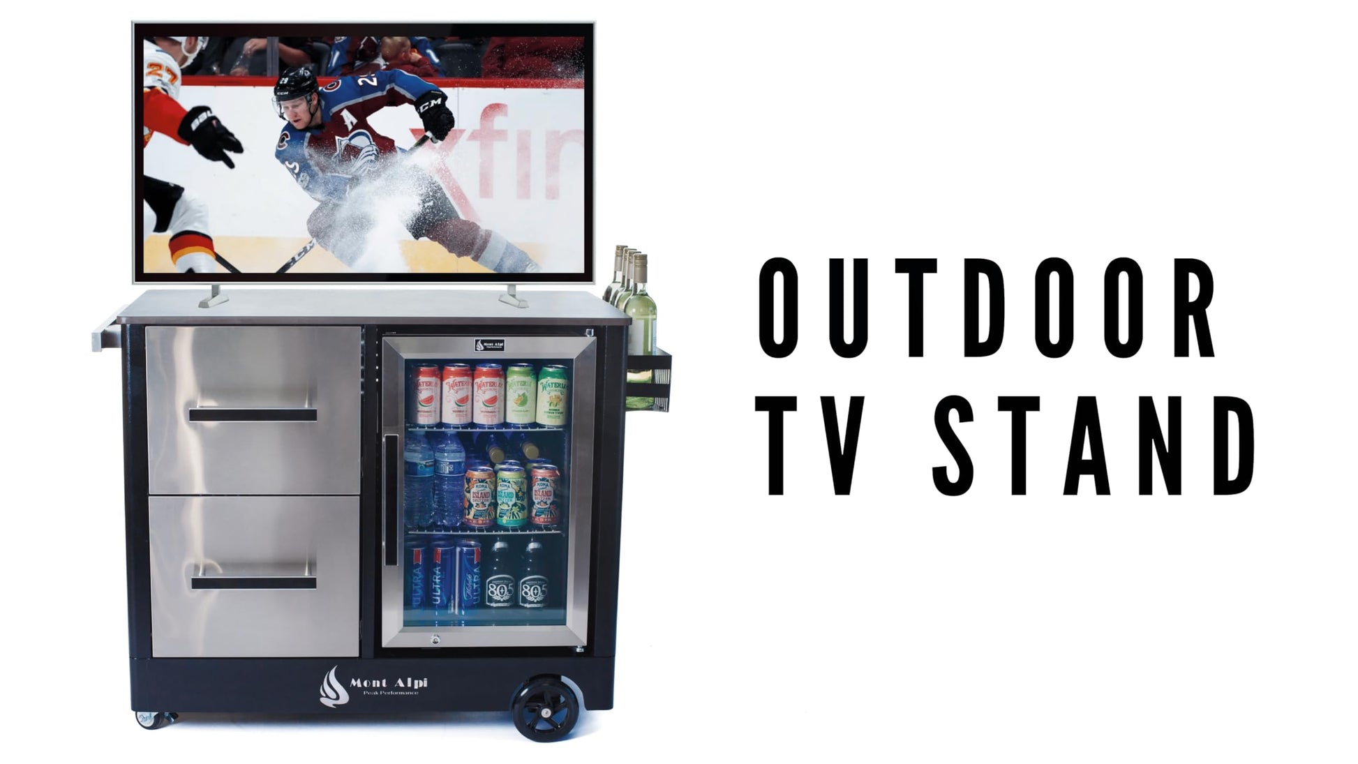 Mont Alpi Large Prep Cart Outdoor Bar Patio Kitchen Island Table Mobile Trolley Barbecue Grill Bar Prep Cart Stand with Ceramic Counter + Wine Holder with Stainless Steel Cabinets + Outdoor Fridge - CookCave