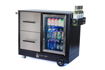 Mont Alpi Large Prep Cart Outdoor Bar Patio Kitchen Island Table Mobile Trolley Barbecue Grill Bar Prep Cart Stand with Ceramic Counter + Wine Holder with Stainless Steel Cabinets + Outdoor Fridge - CookCave