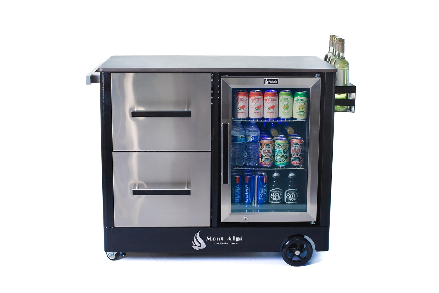 Mont Alpi Large Prep Cart Outdoor Bar Patio Kitchen Island Table Mobile Trolley Barbecue Grill Bar Prep Cart Stand with Ceramic Counter + Wine Holder with Stainless Steel Cabinets + Outdoor Fridge - CookCave