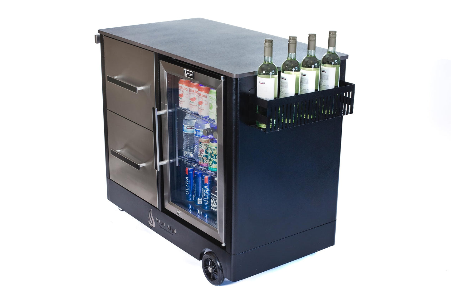 Mont Alpi Large Prep Cart Outdoor Bar Patio Kitchen Island Table Mobile Trolley Barbecue Grill Bar Prep Cart Stand with Ceramic Counter + Wine Holder with Stainless Steel Cabinets + Outdoor Fridge - CookCave