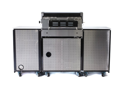 Mont Alpi MA-957FC 5-Burner 63000 BTU Black Stainless Steel Outdoor Kitchen Bar Gas Barbecue Island Grill with Infrared Rear Burner + Fridge Cabinet + Rotisserie Kit & Full Weather Cover - CookCave