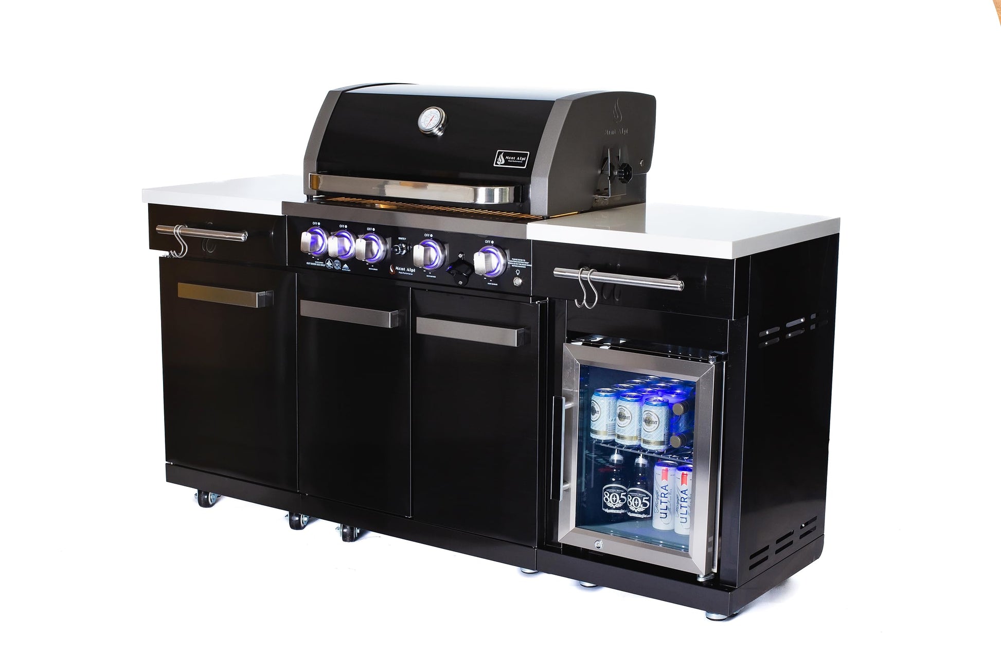 Mont Alpi MA-957FC 5-Burner 63000 BTU Black Stainless Steel Outdoor Kitchen Bar Gas Barbecue Island Grill with Infrared Rear Burner + Fridge Cabinet + Rotisserie Kit & Full Weather Cover - CookCave