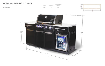 Mont Alpi MA-957FC 5-Burner 63000 BTU Black Stainless Steel Outdoor Kitchen Bar Gas Barbecue Island Grill with Infrared Rear Burner + Fridge Cabinet + Rotisserie Kit & Full Weather Cover - CookCave