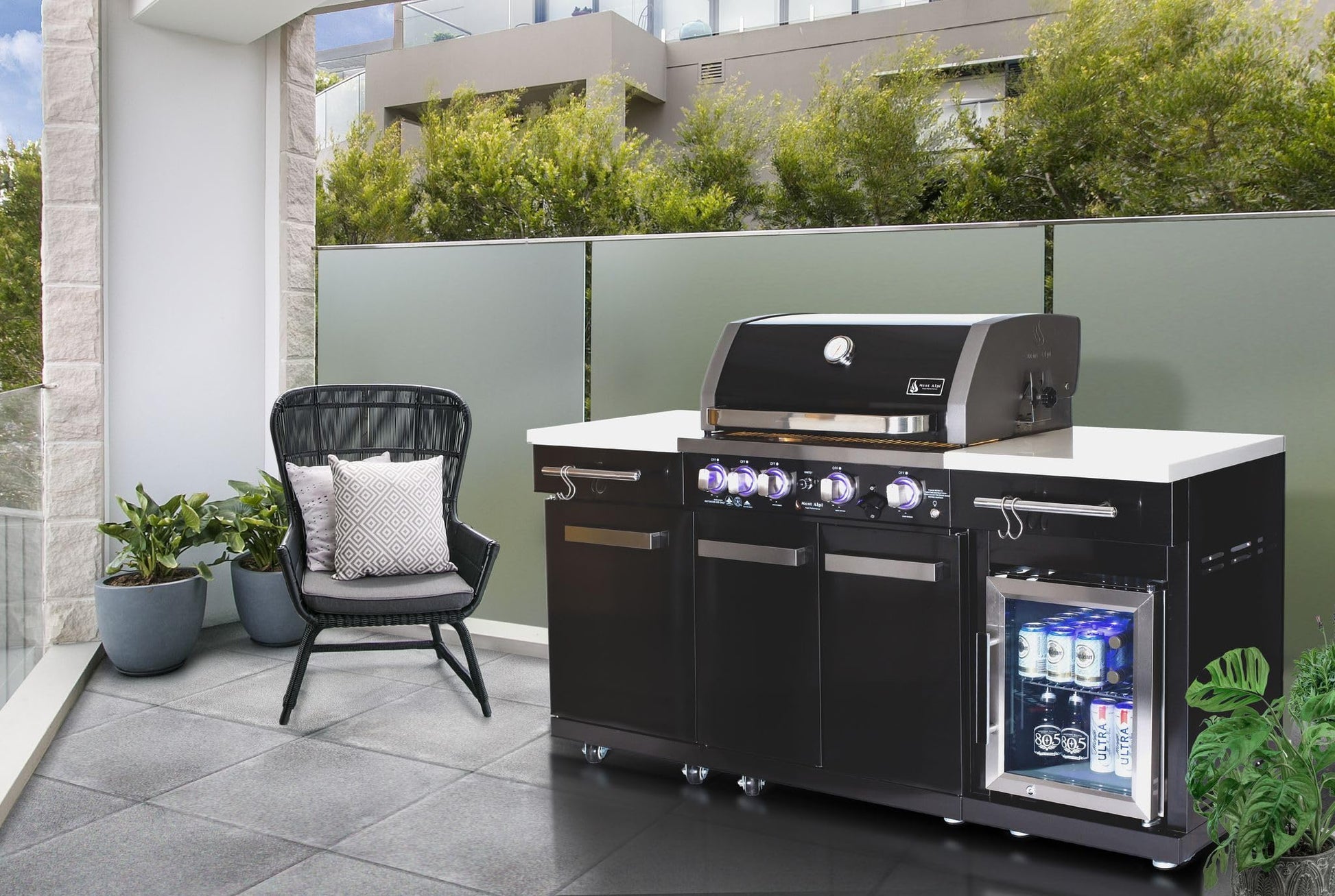 Mont Alpi MA-957FC 5-Burner 63000 BTU Black Stainless Steel Outdoor Kitchen Bar Gas Barbecue Island Grill with Infrared Rear Burner + Fridge Cabinet + Rotisserie Kit & Full Weather Cover - CookCave