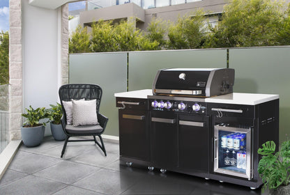 Mont Alpi MA-957FC 5-Burner 63000 BTU Black Stainless Steel Outdoor Kitchen Bar Gas Barbecue Island Grill with Infrared Rear Burner + Fridge Cabinet + Rotisserie Kit & Full Weather Cover - CookCave