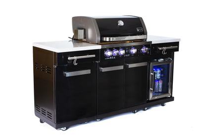 Mont Alpi MA-957FC 5-Burner 63000 BTU Black Stainless Steel Outdoor Kitchen Bar Gas Barbecue Island Grill with Infrared Rear Burner + Fridge Cabinet + Rotisserie Kit & Full Weather Cover - CookCave