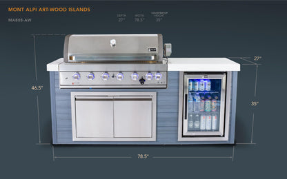 Mont Alpi MA805-AW Artwood HDPE All Weather Built-in 6-Burner 44 inch 87000 BTU Propane Natural Gas Stainless Steel Outdoor Kitchen Barbecue Island Grill + White Granite Countertops + Fridge Cabinet - CookCave
