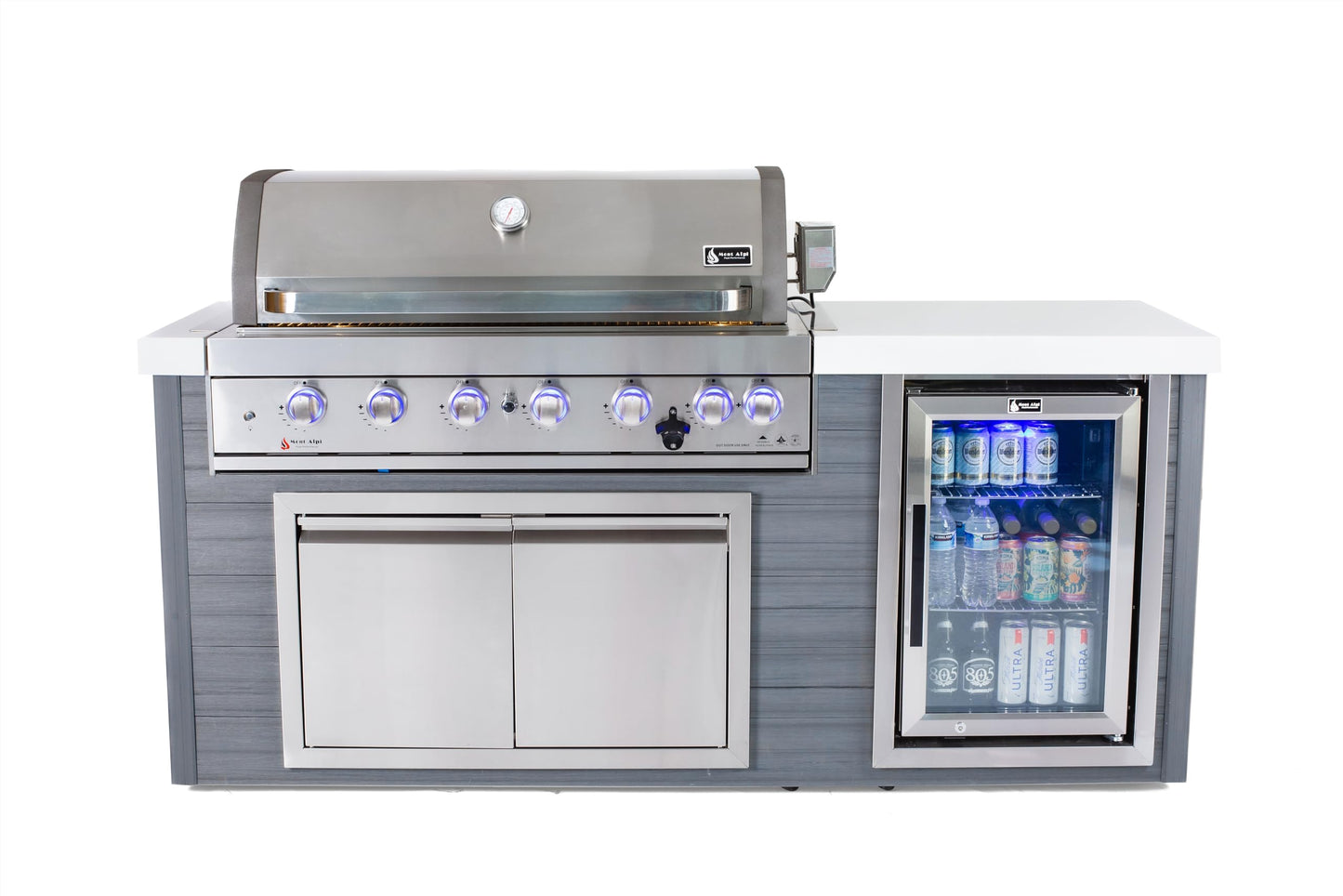 Mont Alpi MA805-AW Artwood HDPE All Weather Built-in 6-Burner 44 inch 87000 BTU Propane Natural Gas Stainless Steel Outdoor Kitchen Barbecue Island Grill + White Granite Countertops + Fridge Cabinet - CookCave