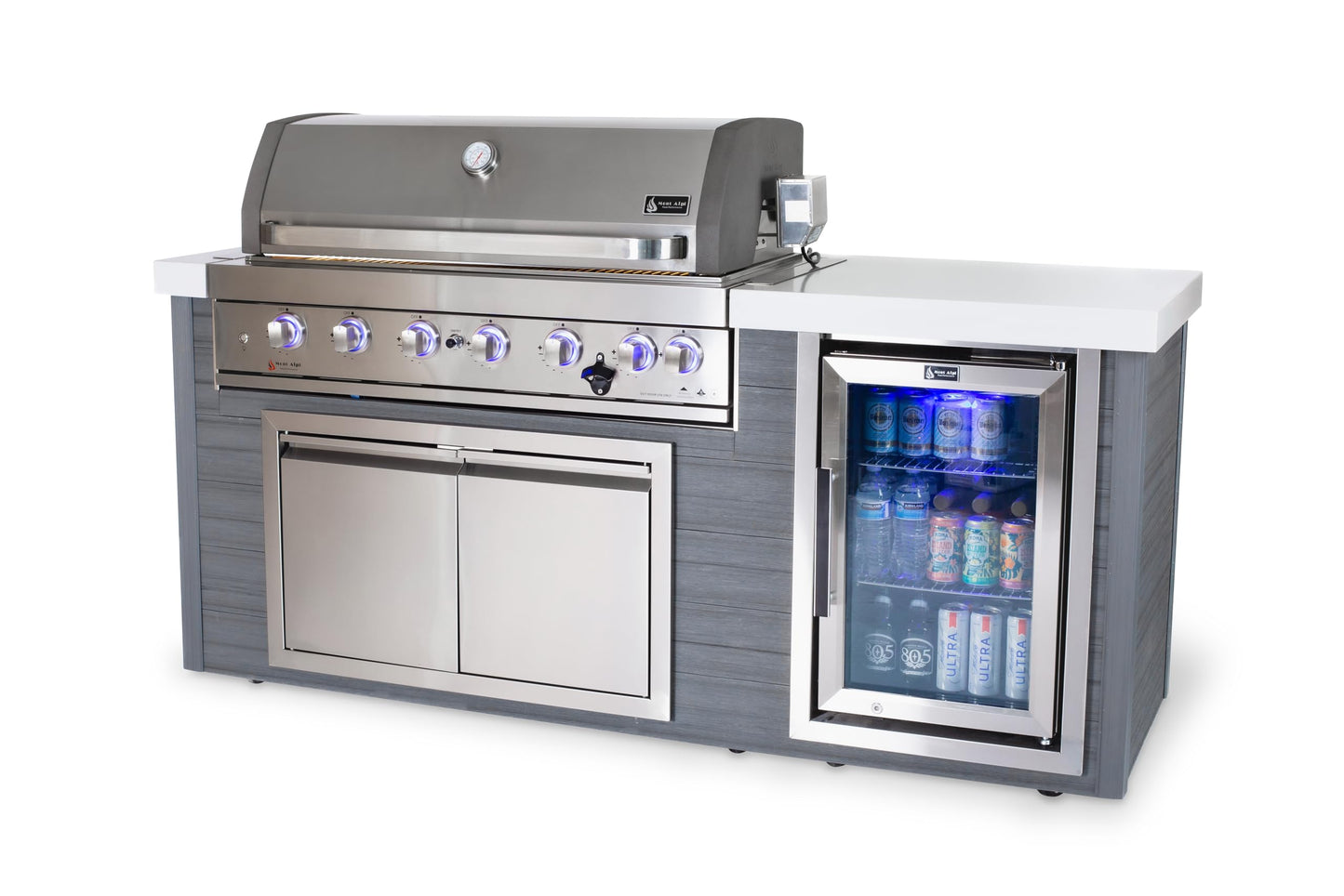 Mont Alpi MA805-AW Artwood HDPE All Weather Built-in 6-Burner 44 inch 87000 BTU Propane Natural Gas Stainless Steel Outdoor Kitchen Barbecue Island Grill + White Granite Countertops + Fridge Cabinet - CookCave
