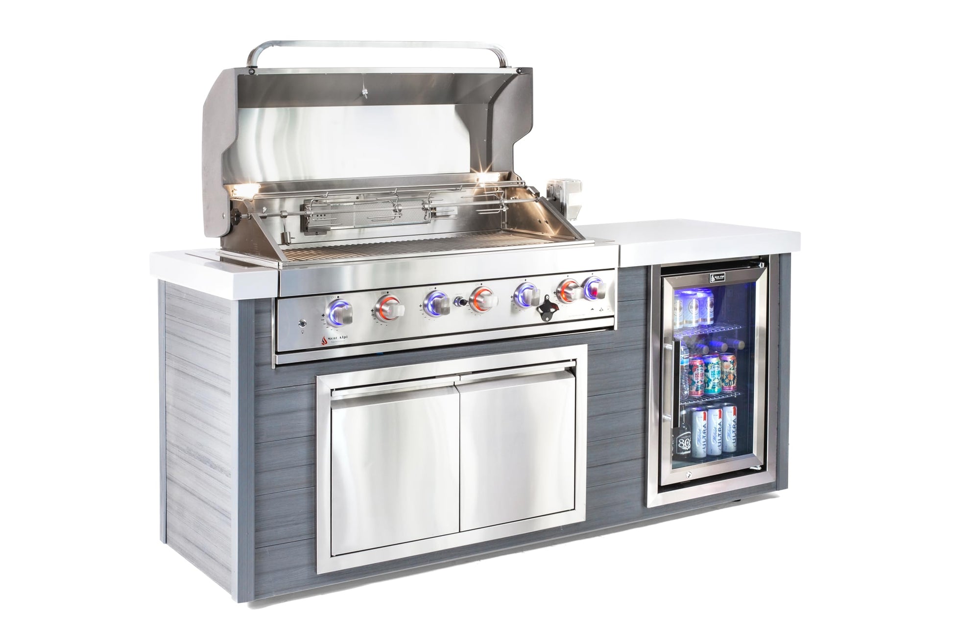 Mont Alpi MA805-AW Artwood HDPE All Weather Built-in 6-Burner 44 inch 87000 BTU Propane Natural Gas Stainless Steel Outdoor Kitchen Barbecue Island Grill + White Granite Countertops + Fridge Cabinet - CookCave