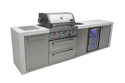 Mont Alpi MAi400-DBEV 32-Inch 4-Burner 78000 BTU Deluxe Stainless Steel Gas Outdoor Kitchen Barbecue Gas Island Grill + Compact Lockable Refrigerator + Infrared Side Burner + Granite Countertops - CookCave