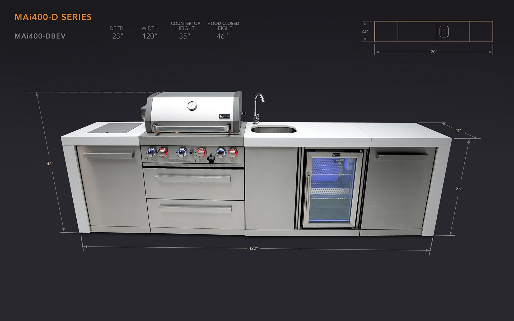 Mont Alpi MAi400-DBEV 32-Inch 4-Burner 78000 BTU Deluxe Stainless Steel Gas Outdoor Kitchen Barbecue Gas Island Grill + Compact Lockable Refrigerator + Infrared Side Burner + Granite Countertops - CookCave