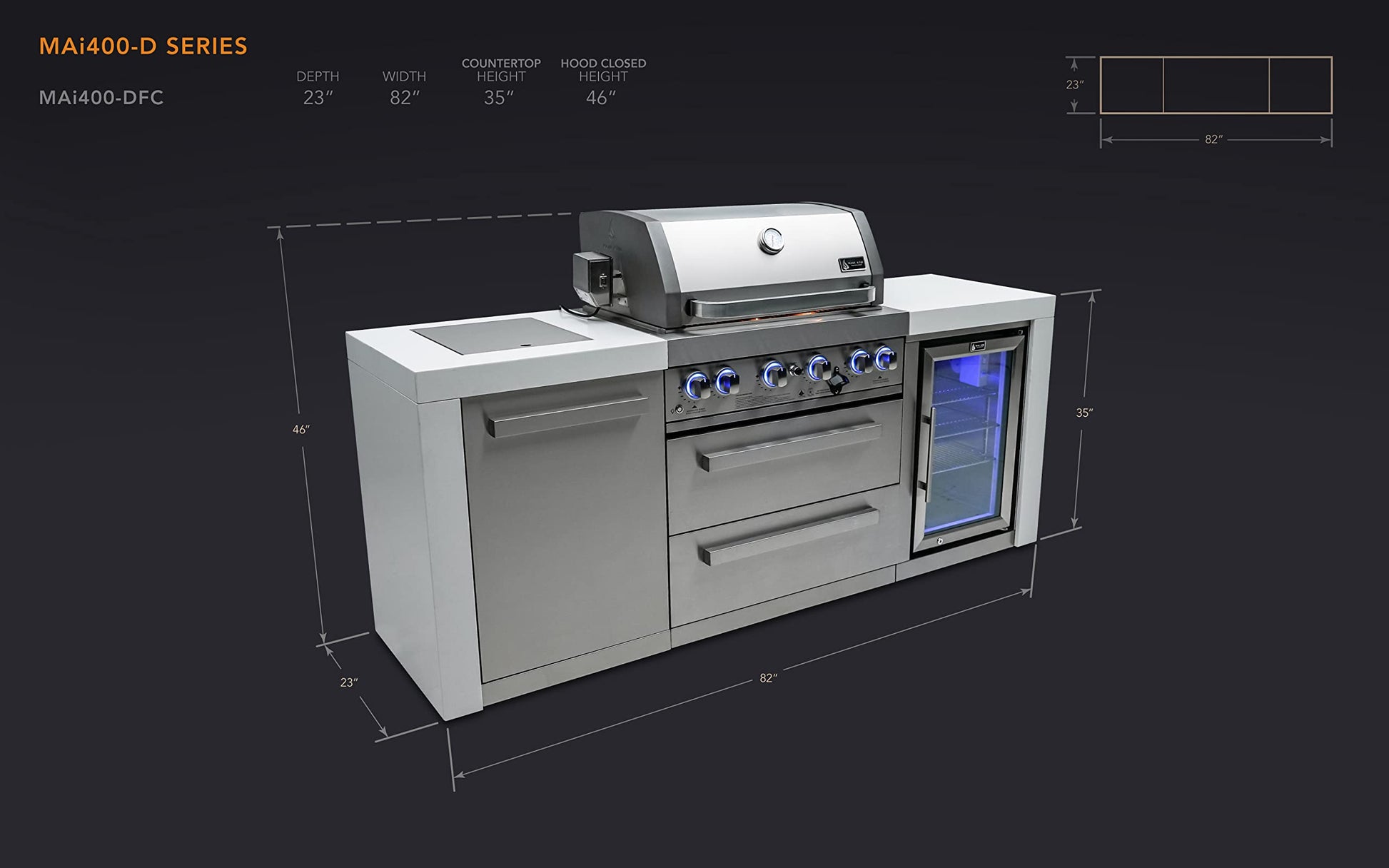 Mont Alpi MAi400-DFC 32-Inch 4-Burner 78000 BTU Deluxe Stainless Steel Gas Outdoor Kitchen Bar Barbecue Island Grill w/Infrared Side Burner + Wine Cooler Compact Refrigerator + Rotisserie Kit - CookCave