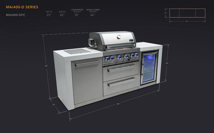 Mont Alpi MAi400-DFC 32-Inch 4-Burner 78000 BTU Deluxe Stainless Steel Gas Outdoor Kitchen Bar Barbecue Island Grill w/Infrared Side Burner + Wine Cooler Compact Refrigerator + Rotisserie Kit - CookCave