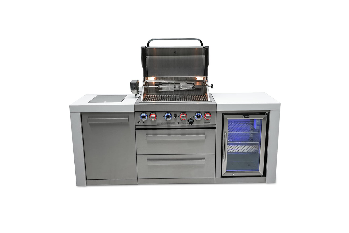 Mont Alpi MAi400-DFC 32-Inch 4-Burner 78000 BTU Deluxe Stainless Steel Gas Outdoor Kitchen Bar Barbecue Island Grill w/Infrared Side Burner + Wine Cooler Compact Refrigerator + Rotisserie Kit - CookCave