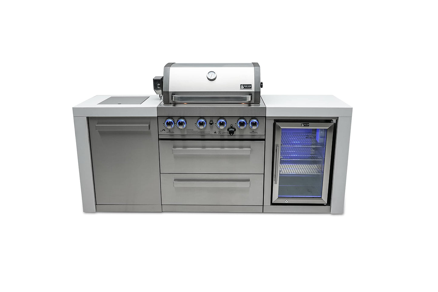 Mont Alpi MAi400-DFC 32-Inch 4-Burner 78000 BTU Deluxe Stainless Steel Gas Outdoor Kitchen Bar Barbecue Island Grill w/Infrared Side Burner + Wine Cooler Compact Refrigerator + Rotisserie Kit - CookCave