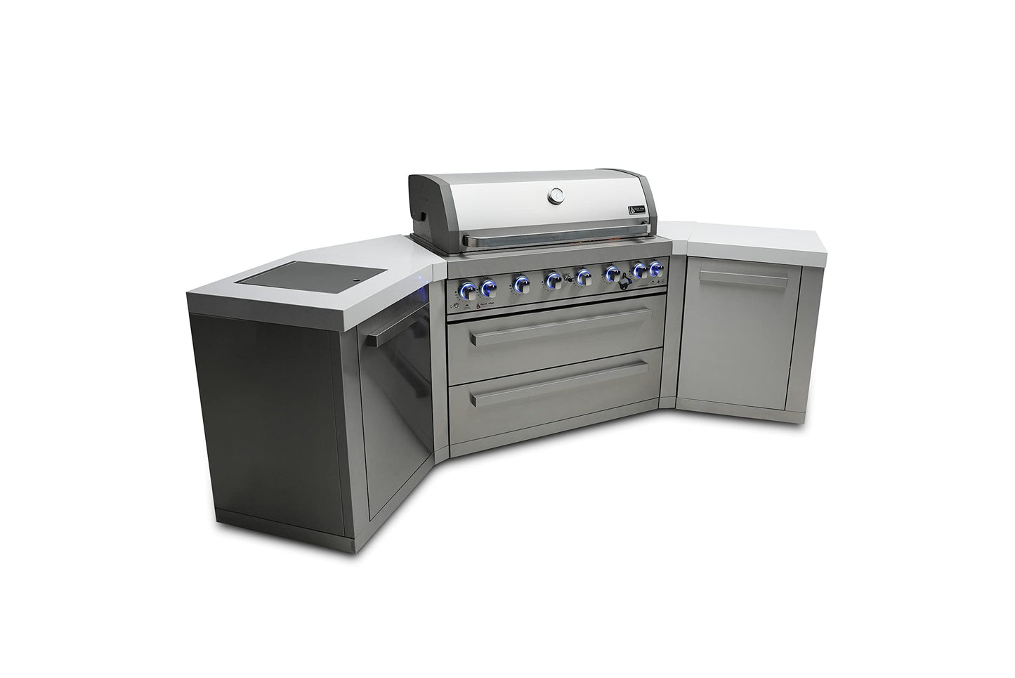 Mont Alpi MAi805-45 44-inch 6-Burner 115000 BTU 45 Degree Stainless Steel Gas Outdoor Kitchen Bar Barbecue Island Grill + Infrared Side & Rear Burners + Granite Countertops + Storage Drawers - CookCave