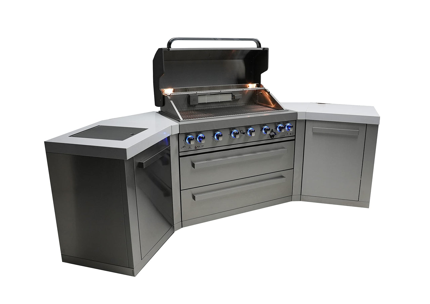 Mont Alpi MAi805-45 44-inch 6-Burner 115000 BTU 45 Degree Stainless Steel Gas Outdoor Kitchen Bar Barbecue Island Grill + Infrared Side & Rear Burners + Granite Countertops + Storage Drawers - CookCave