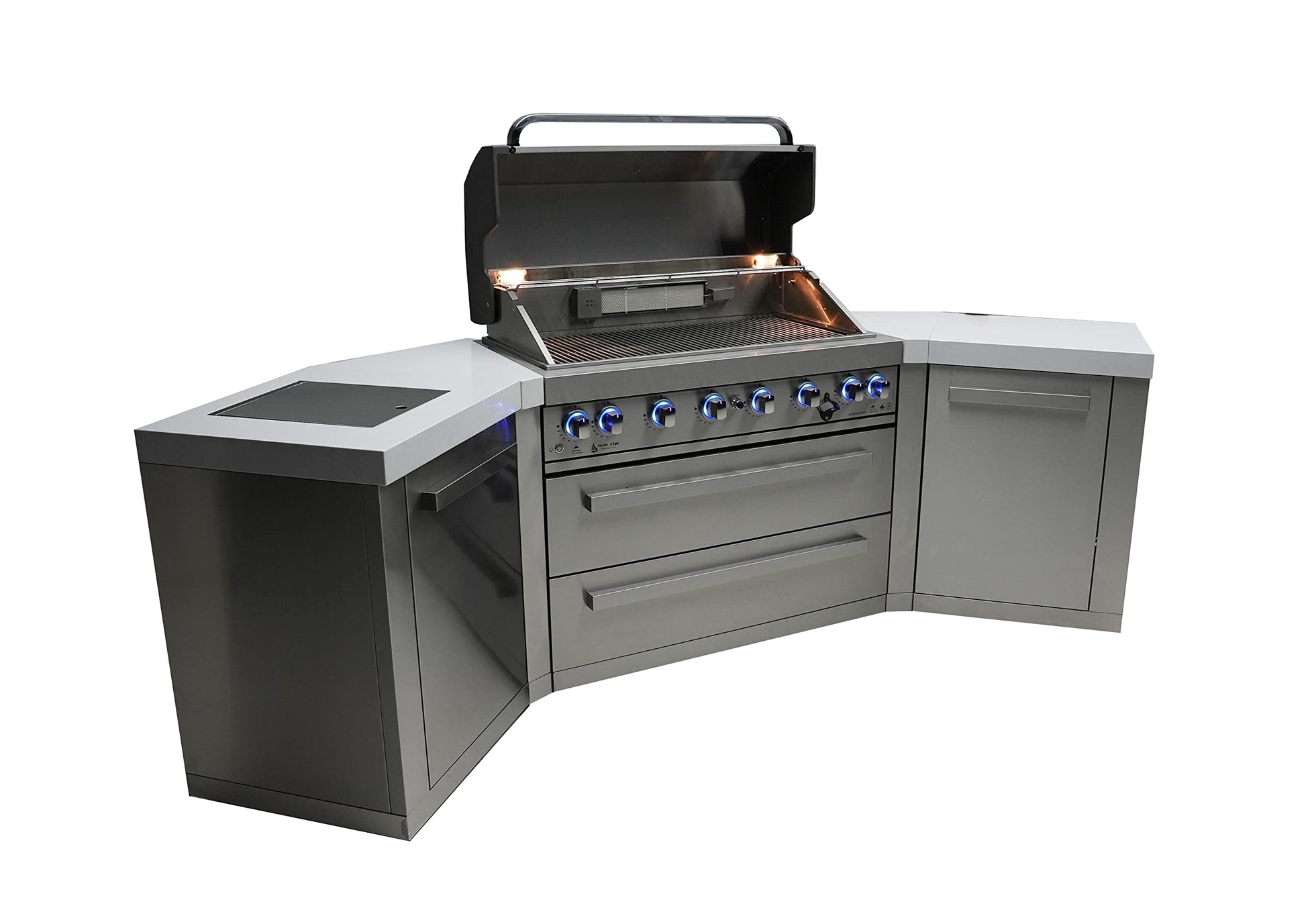 Mont Alpi MAi805-45 44-inch 6-Burner 115000 BTU 45 Degree Stainless Steel Gas Outdoor Kitchen Bar Barbecue Island Grill + Infrared Side & Rear Burners + Granite Countertops + Storage Drawers - CookCave