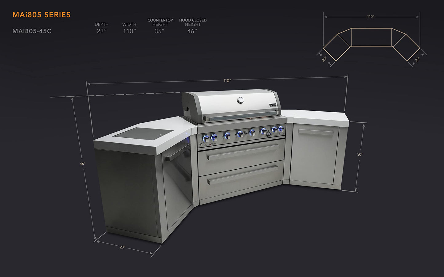 Mont Alpi MAi805-45 44-inch 6-Burner 115000 BTU 45 Degree Stainless Steel Gas Outdoor Kitchen Bar Barbecue Island Grill + Infrared Side & Rear Burners + Granite Countertops + Storage Drawers - CookCave